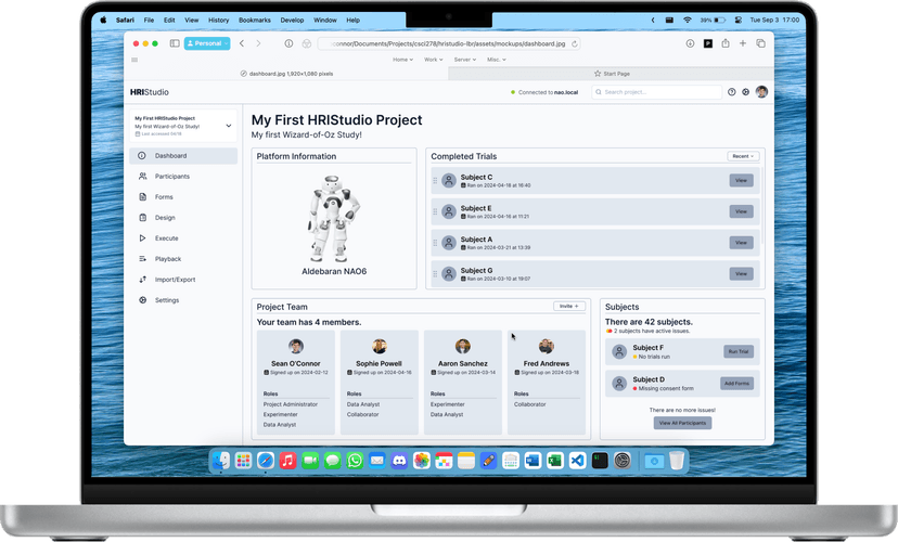Screenshot of HRIStudio application showing the robot control dashboard on a laptop