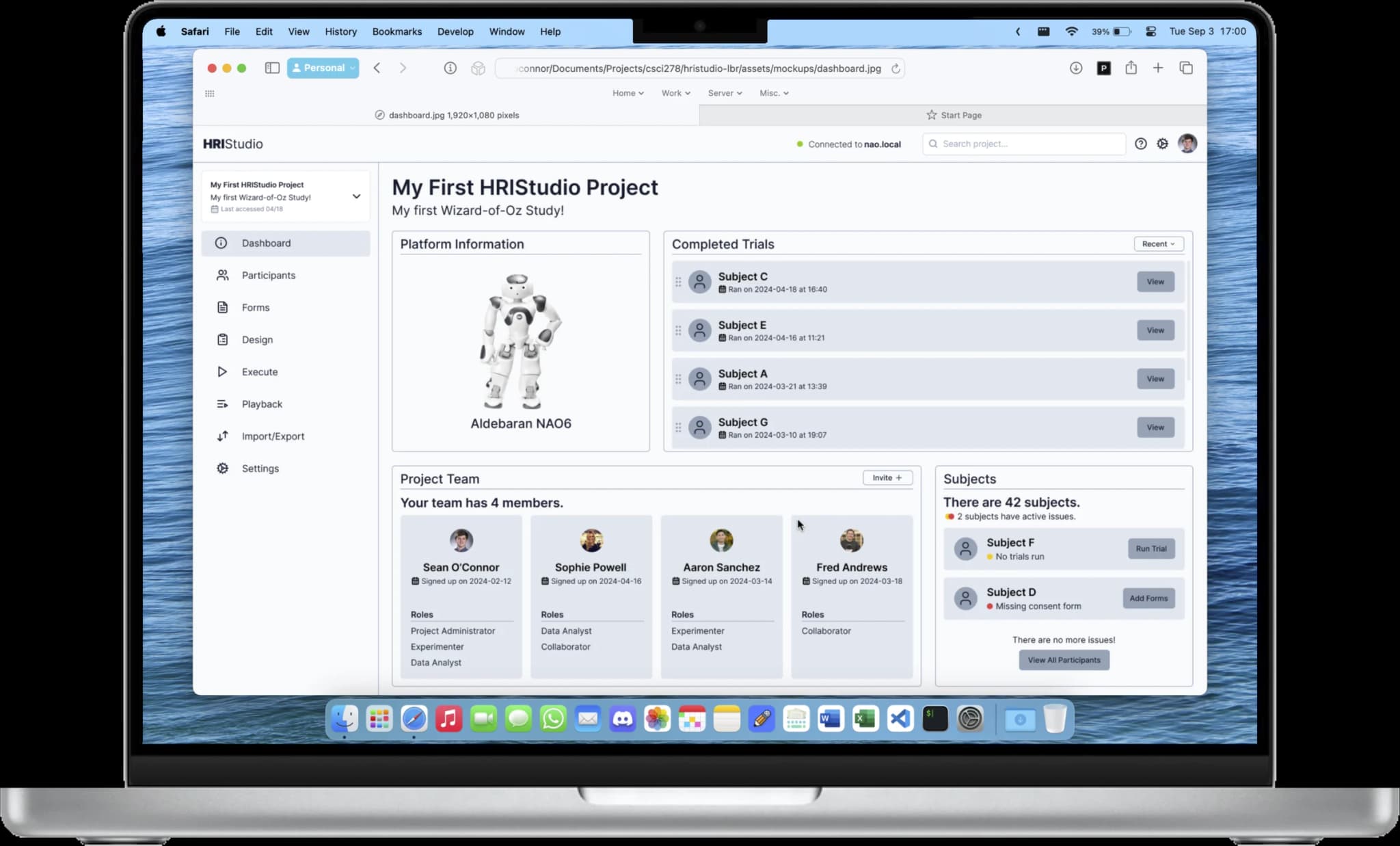 Screenshot of HRIStudio application showing the robot control dashboard on a laptop