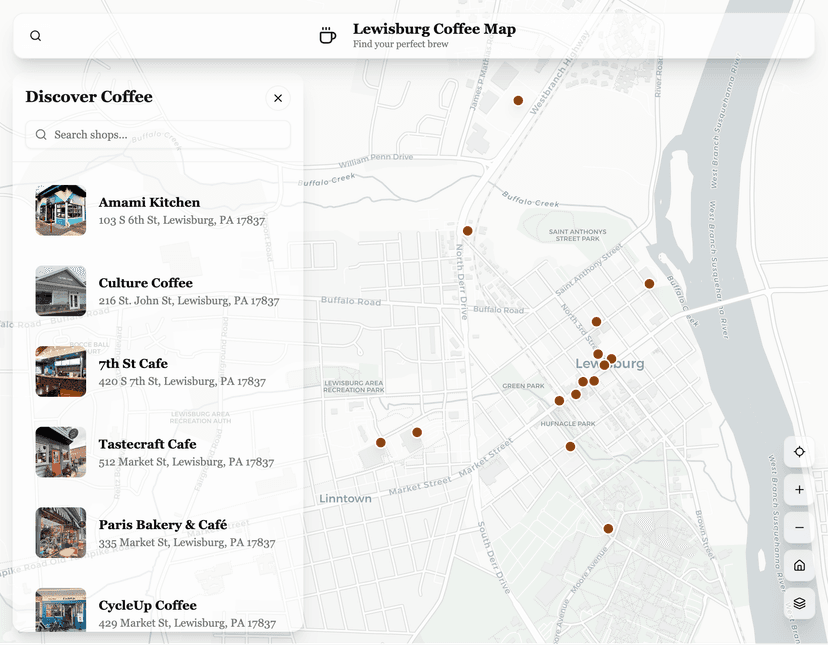 Screenshot of the Lewisburg, PA Coffee Map website