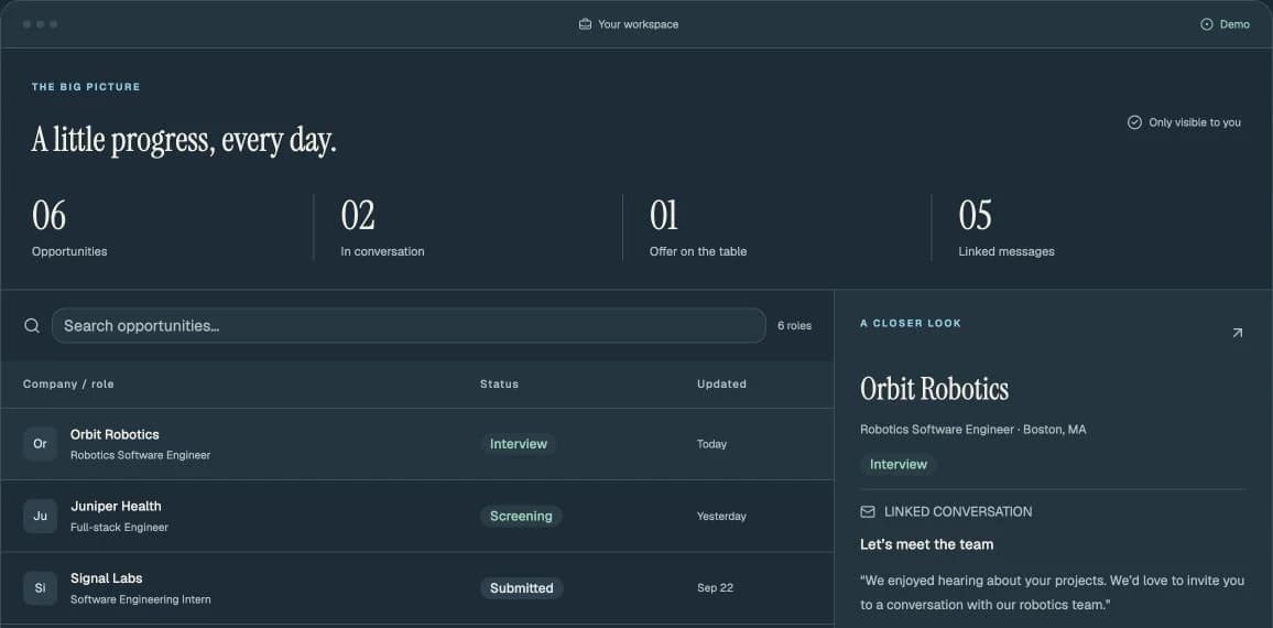 Application Hub’s public demo: fictional applications, status summaries, and a linked interview conversation