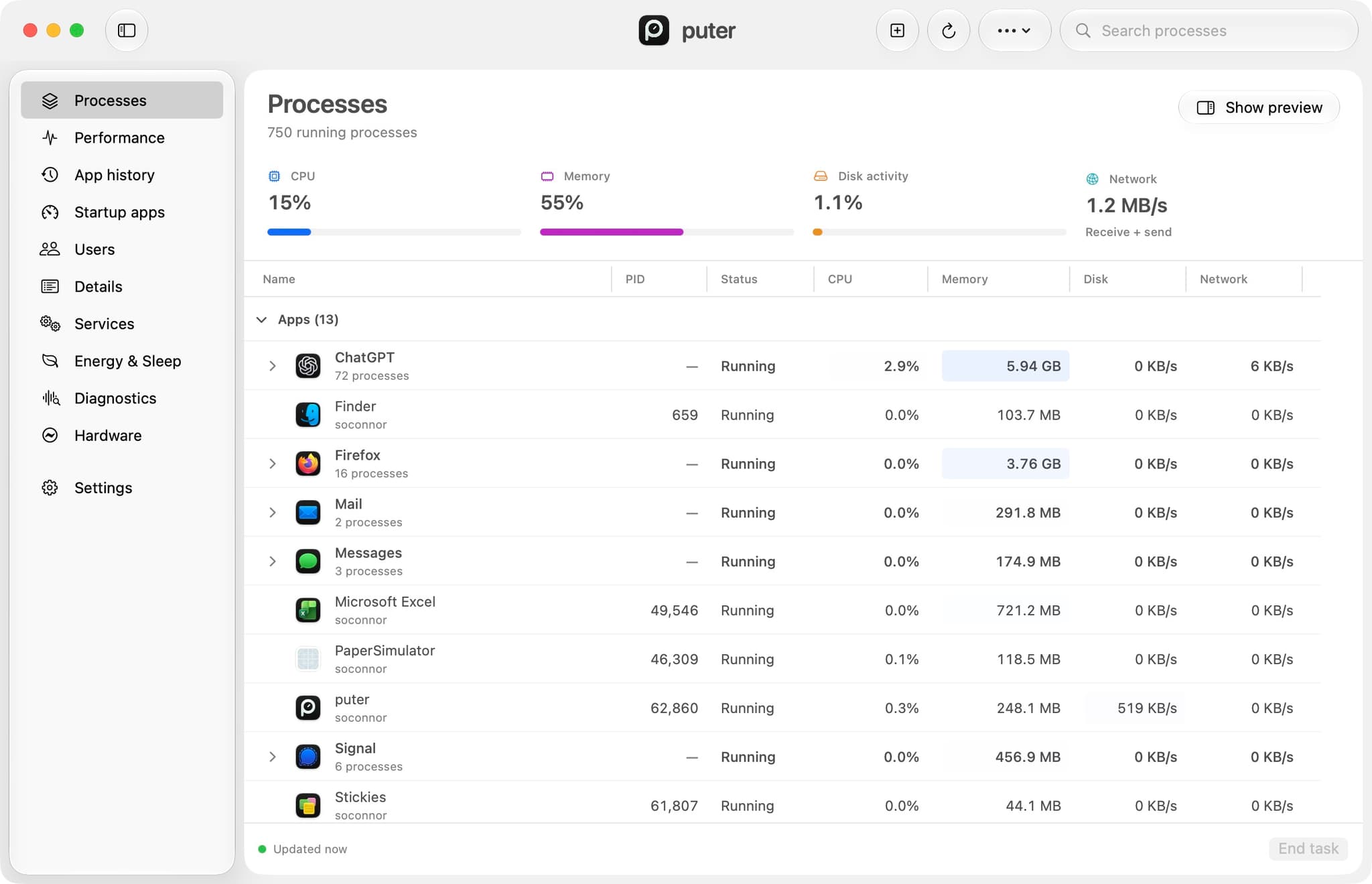Puter showing grouped processes and system activity in light mode